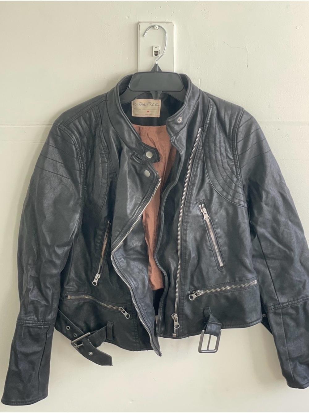 We The Free Black Leather Moto Jacket with Belted Waist